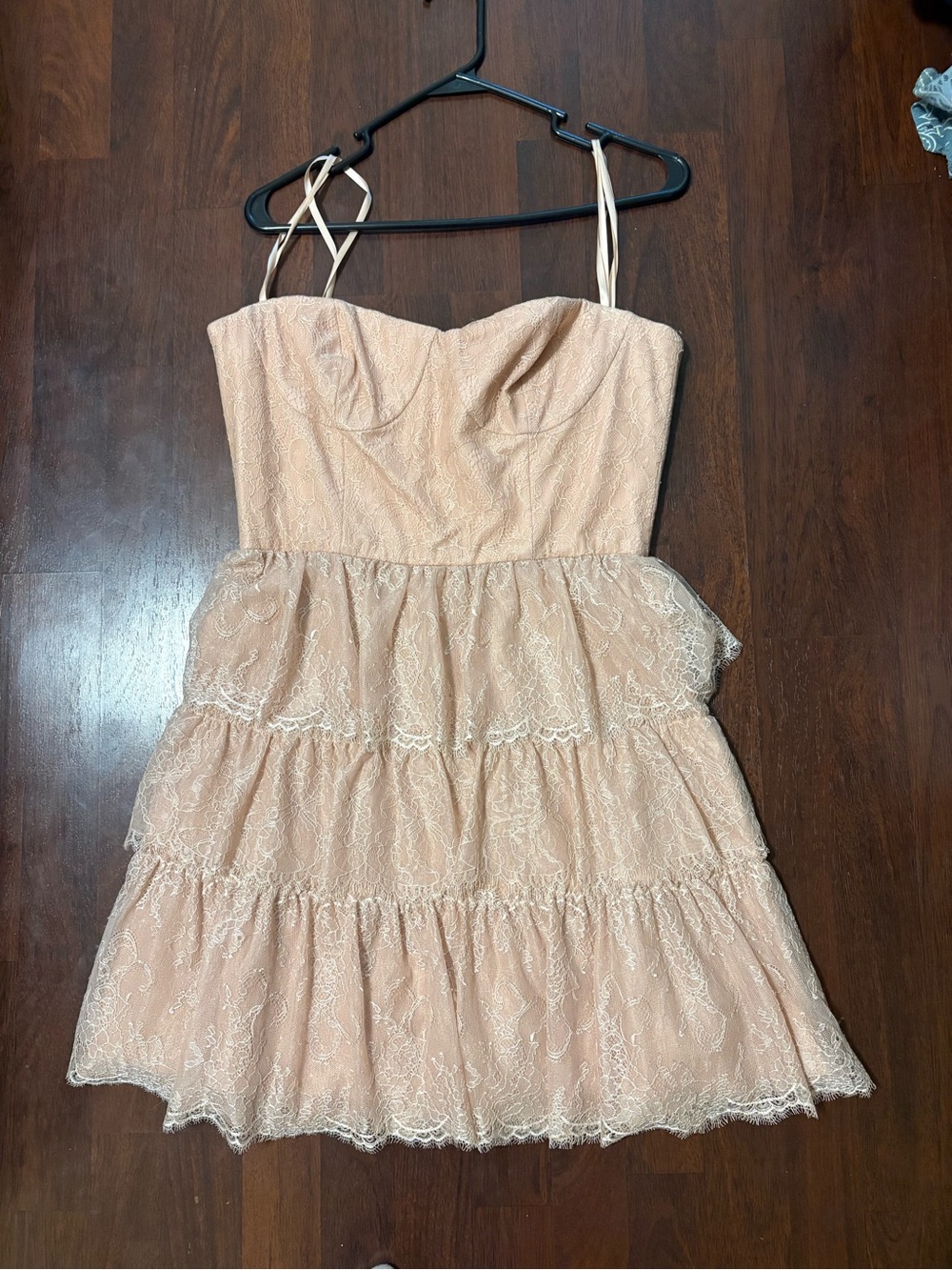 BCBGMaxAzria Nude Lace Tiered Mini Dress